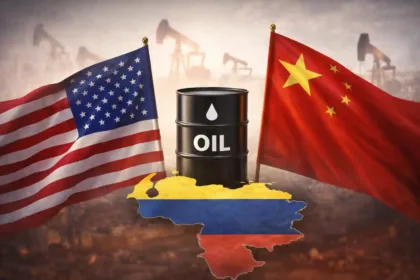 U.S. and China flags with an oil barrel and a map of Venezuela