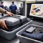 Traveler’s hands placing luggage on an airport security conveyor belt with X-ray scanner view