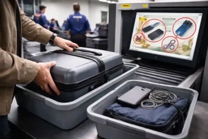 Traveler’s hands placing luggage on an airport security conveyor belt with X-ray scanner view