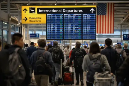 Busy U.S. airport terminal with travelers and departure screens
