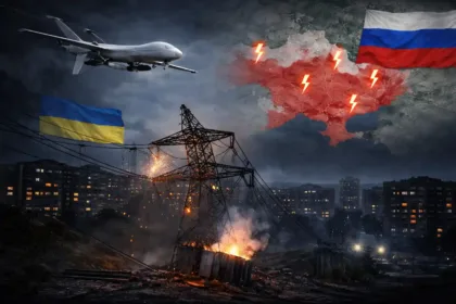 Snowy electrical transmission lines and power grid infrastructure in winter