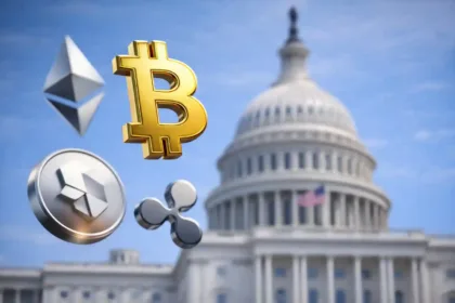 Digital asset cryptocurrency symbols floating over US Capitol backdrop