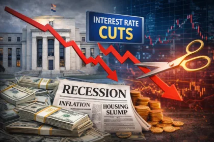 Financial district skyline with stock market screens and corporate buildings