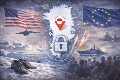 Aerial view of Greenland’s icy Arctic coastline and waters