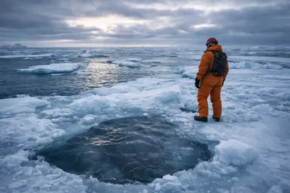 Will Smith standing on snowy Arctic ice near a diving site